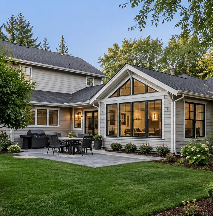 Illustrative residential home addition with matching siding and roofline