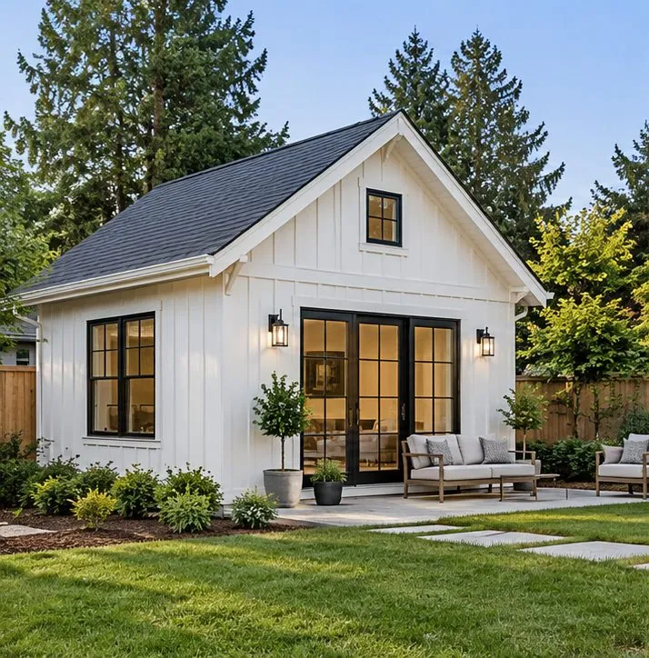 Illustrative backyard cottage ADU in a Pacific Northwest setting