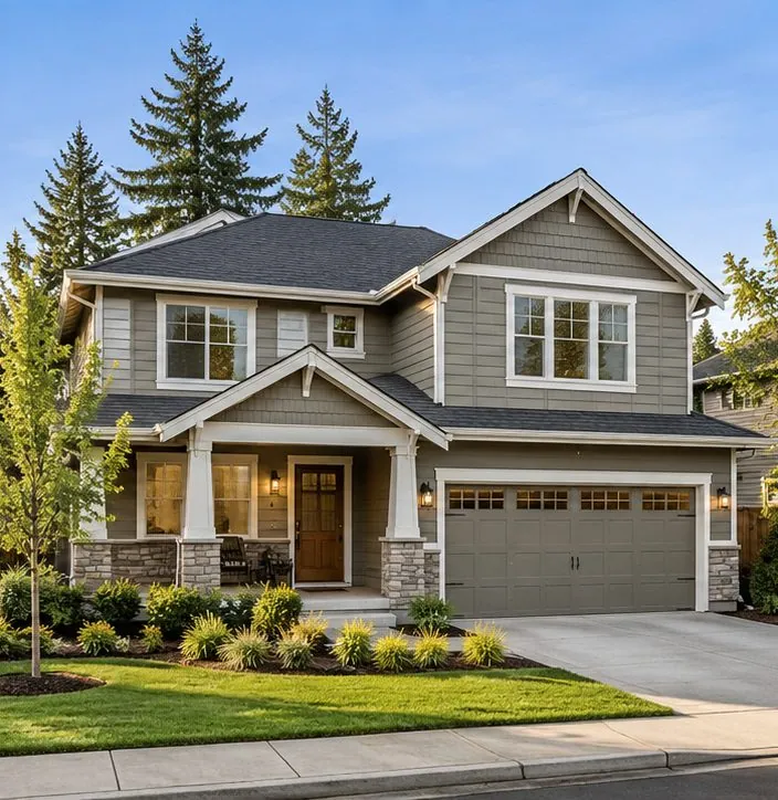 Illustrative Pacific Northwest Craftsman-style custom family home